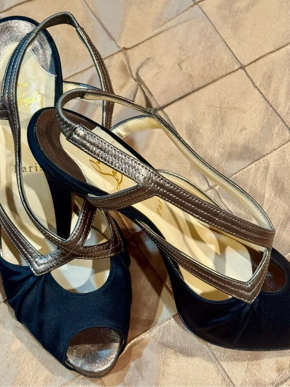 Christian Louboutin Black and Bronze Peep-Toe Slingback Heels
